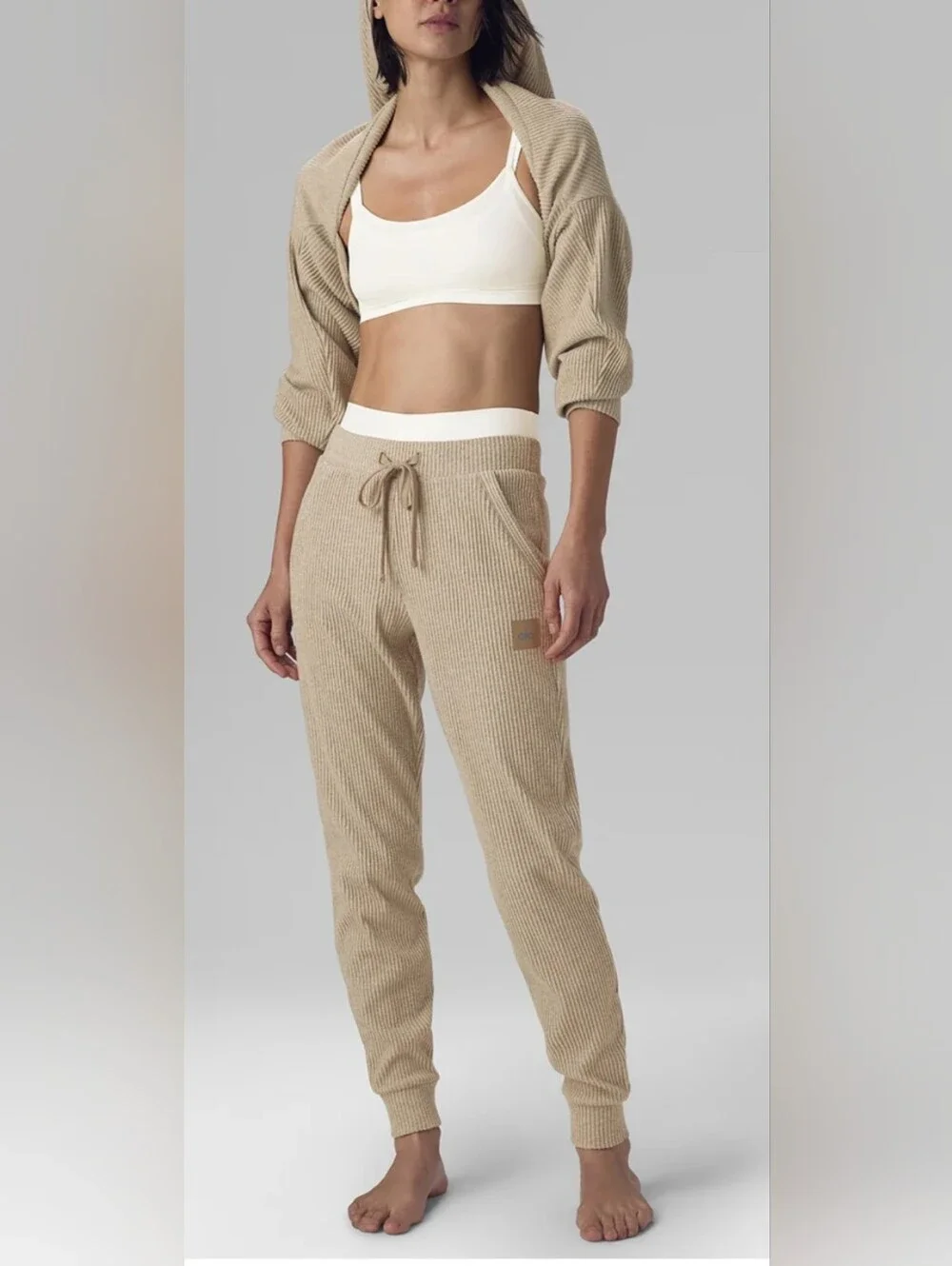 ALO Yoga Muse Ribbed Drawstring Sweat Pants in Tan